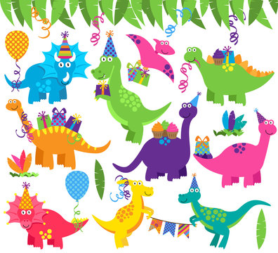 Collection of Vector Birthday Party or Party Dinosaurs and Decorations