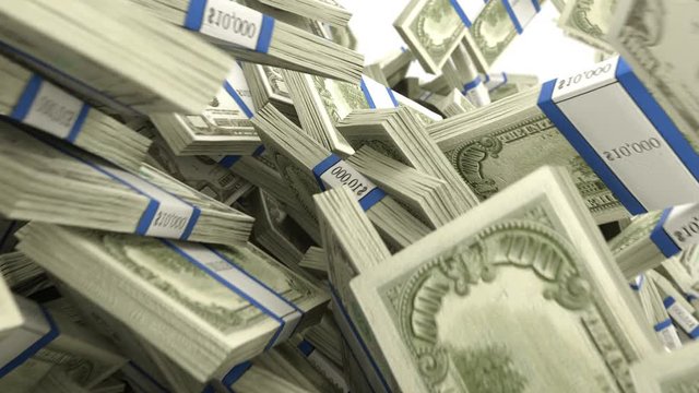 Y-shaped US dollar bundles flow with slow motion 4k. Wealth and money