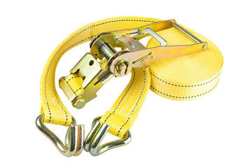 Yellow Ratchet truck cargo tie downs on white backrounds