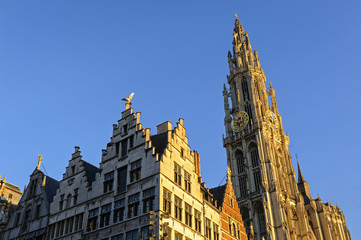 Fototapeta na wymiar Cathedral and buildings with golden figures on the roofs in the center of Antwerp, Belgium