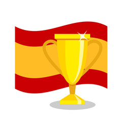 Golden cup with spanish flag on white background. Concept of championship, league, team sport. Concept of prize, leadership, winning and success. Winner award.