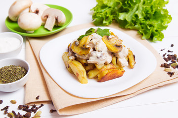 Fried potatoes with gravy of mushrooms