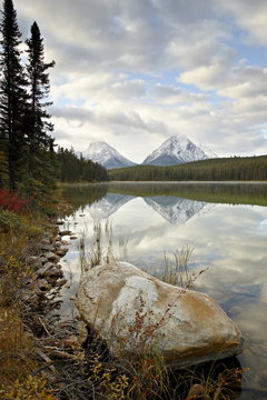 Mountains reflected in Leech Lake, Jasper National Park, Alberta, Rocky Mountains, Canada