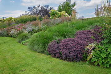 Lawn and a border of flowering plants.