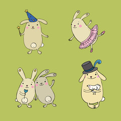 Funny bunnies on a green background