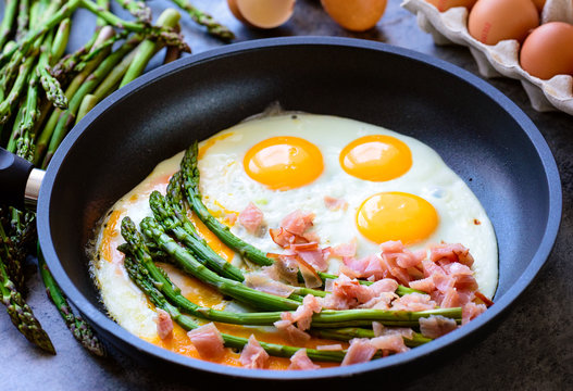 Fried eggs with asparagus and ham on a dark stone board