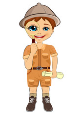 kid explorer boy with safari hat holding magnifying glass and treasure map