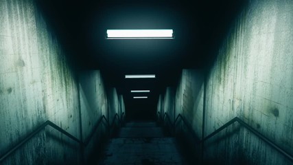 Creepy tunnel with blinking, flickering lights, sudden darkness, horror scene
