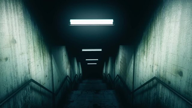 Creepy tunnel with blinking, flickering lights, sudden darkness, horror scene
