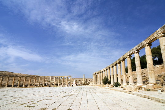Oval Plaza with colonnade and ionic columns, Jerash (Gerasa), a Roman Decapolis city, Jordan