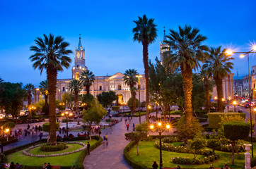 Cathedral of Arequipa in the evening, Peru