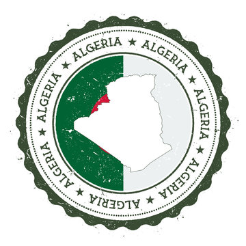 Algeria map and flag in vintage rubber stamp of state colours. Grungy travel stamp with map and flag of Algeria. Country map and flag vector illustration.