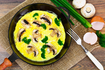 Healthy and Diet Food: Scrambled Eggs with Mushrooms and Vegetab
