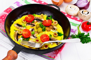 Healthy and Diet Food: Scrambled Eggs with Mushrooms and Vegetab