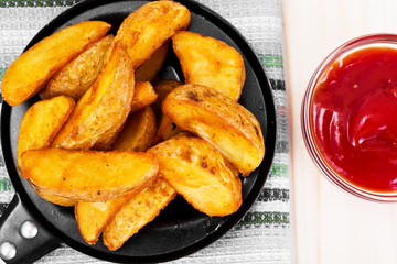 Potato Wedges, Potatoes in a Rural with Tomato Ketchup