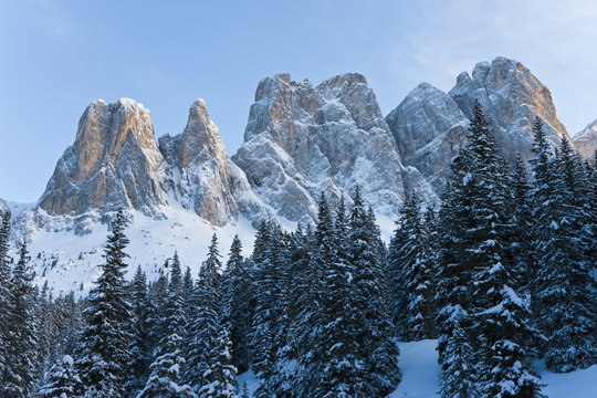 Winter landscape, Le Odle Group with Geisler Spitzen, 3060m, Val di Funes, Dolomites, Trentino-Alto Adige, South Tirol (Tyrol)