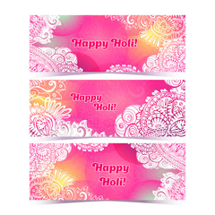 Happy Holi horizontal flyer design template, vector background concept with colorful doodle style paint. Pink and white colors.
