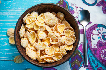 cornflake cereal in bowl , top view