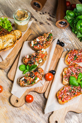 Beautiful fresh sandwiches with meat pate with vegetables and greens