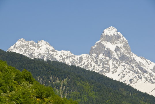 Wonderful mountain scenery of Svanetia with Mount Ushba in the background, Georgia, Caucasus