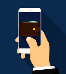 Hand holding a smartphone with a purse on the screen of mobile payments. Flat design.