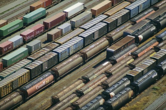 Freight wagons on the Canadian Pacific Railway at Vancouver Harbour, Vancouver, British Columbia, Canada