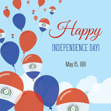Independence Day Flat Greeting Card. Paraguay Independence Day. Paraguayan Flag Balloons Patriotic Poster. Happy National Day Vector Illustration.