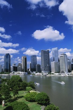 Looking southwest over Captain John Burke Park on Kangaroo Point by the Brisbane River, towards the centre of Brisbane, Queensland