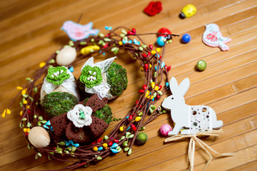 Handmade artistic decoration elements on wooden copy space background