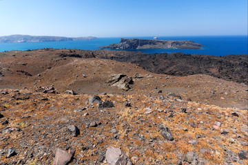 Amazing panorama of volcano in Nea Kameni island near Santorini, Cyclades, Greece