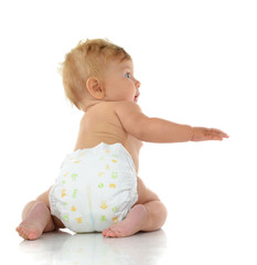 Infant child baby toddler sitting with hand pointing finger stra