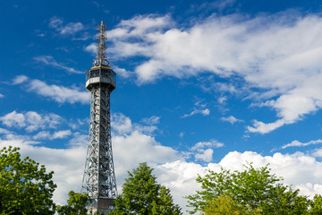 Fototapeta na wymiar Petrin Lookout Tower (1892), resembling Eiffel tower, Petrin Hill Park, Prague, Czech Republic