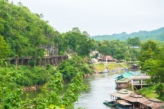 Passenger trains Tham Kasae bridge Death Railway on the River Kwai Kanchanaburi, Thailand