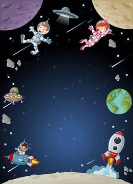 Astronaut cartoon characters on the moon with a alien spaceship. Solar System.