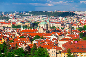 Terracotta red roofs of the city Prague shot from the high point, Prague, Czech Republic