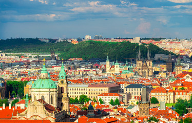Terracotta red roofs of the city Prague shot from the high point, Prague, Czech Republic