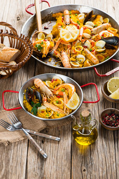 Vegetable paella with seafood.