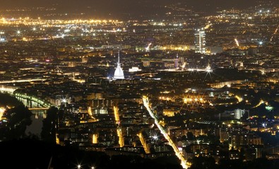 Naklejka premium Aerial View of turin with Lights and the Mole Antonelliana