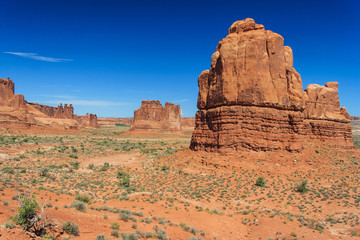 Fototapeta premium View of Tower of Babel, Courthouse Towers and Three Gossips in Arches National Park, Utah, USA