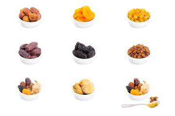 Collection of dried fruits for iftar in Ramadan isolated on the white background