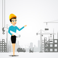 Woman engineer with the architectural project. Construction of b