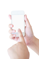 female hand holding the white smartphone
