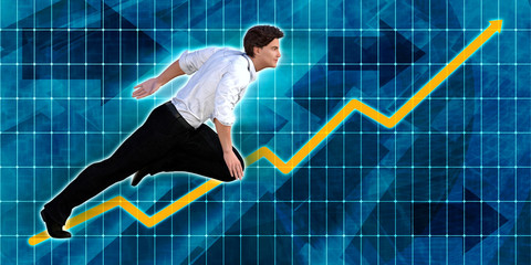 Caucasian Businessman Running with Chart Graph Background
