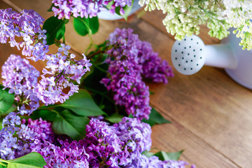 Purple and white lilac bunch with watering can
