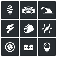 Vector Set of Hydroelectric Station Icons. Lamp, Dam, River, Electricity, Helmet, Barbed Wire, Turbine, Battery, Pointer.