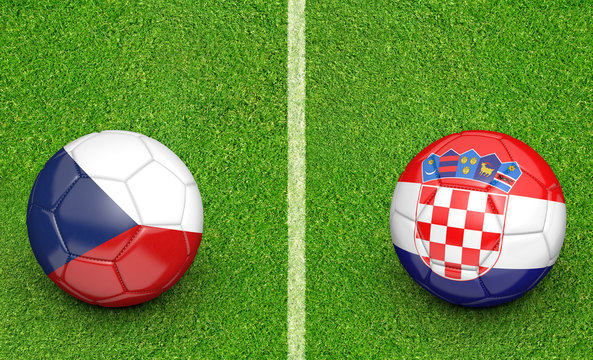 Team balls for Czech Republic vs Croatia football tournament match, 3D rendering