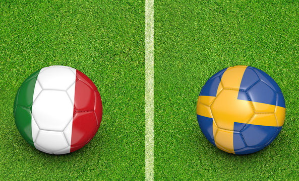 Team balls for Italy vs Sweden football tournament match, 3D rendering
