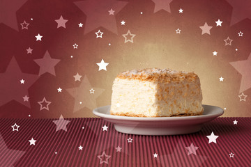 Delicious colorful cake with star shapes on background