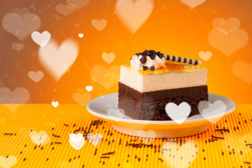 Delicious party cakes with heart shape symbols on colorful backg