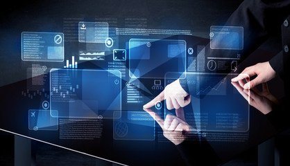 Man pressing technology smart table interface